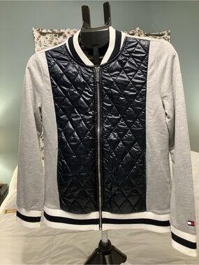 Tommy Hilfiger Women’s Small Quilted Bomber Jacket Gray Navy Zip Front